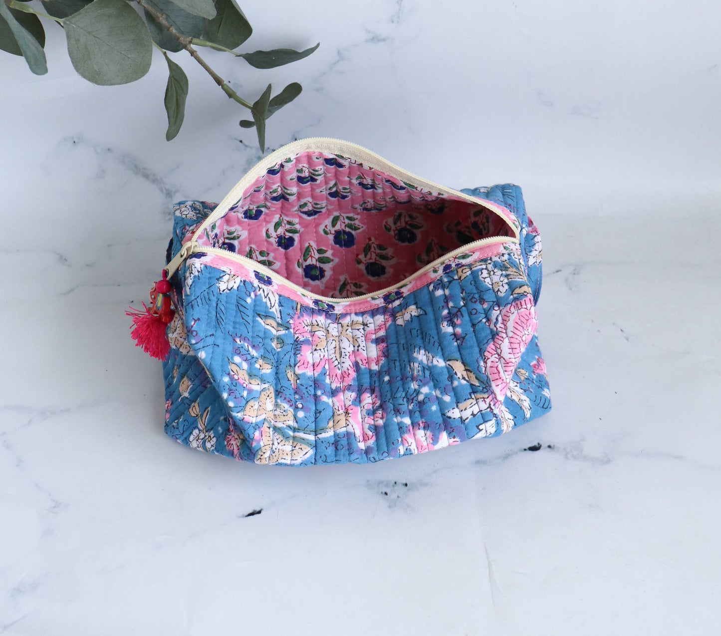Block Printed Floral Quilted Cotton Makeup Bag - medium