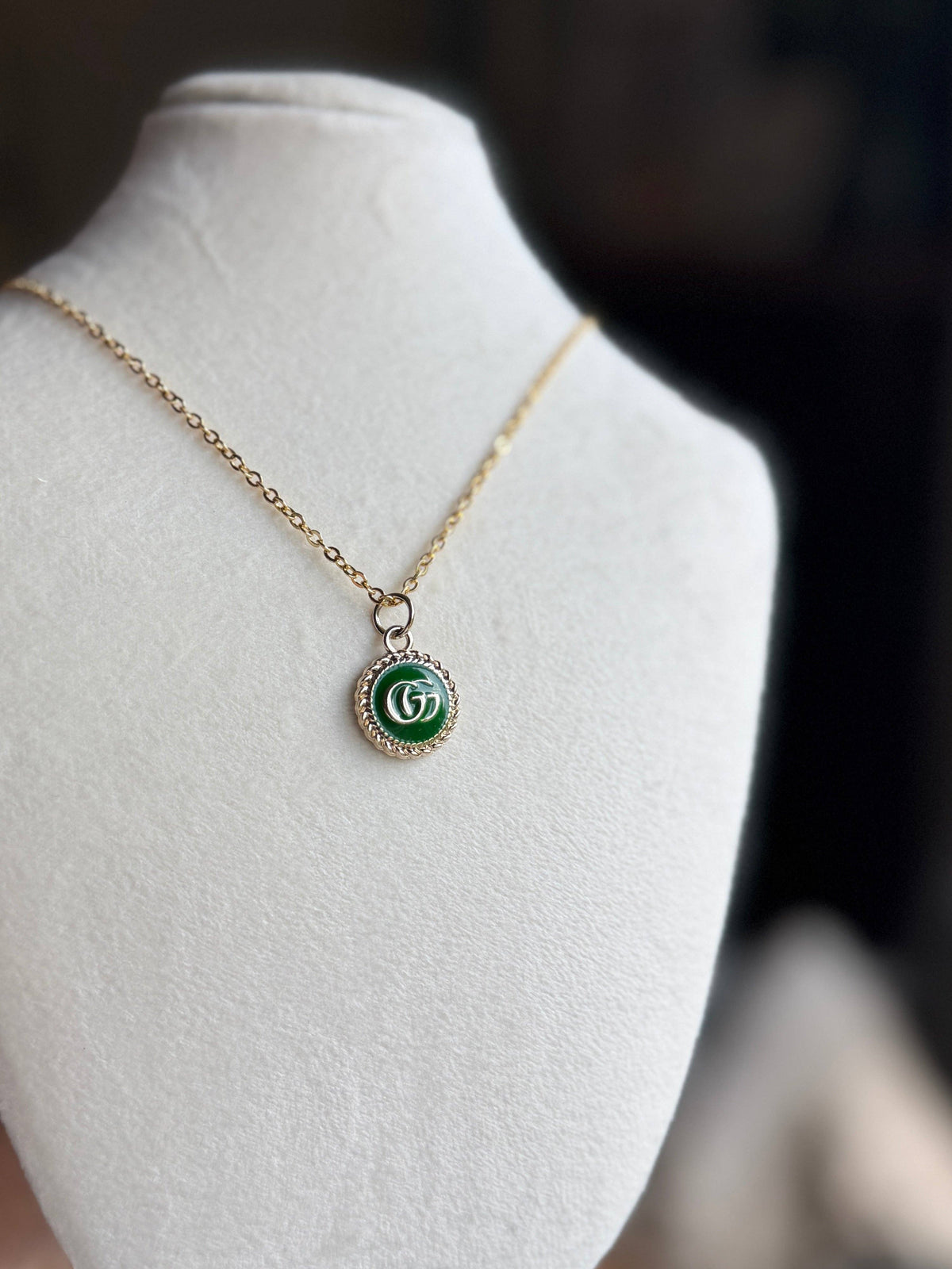 Kelly Green and Gold Upcycled Designer Pendant Necklace
