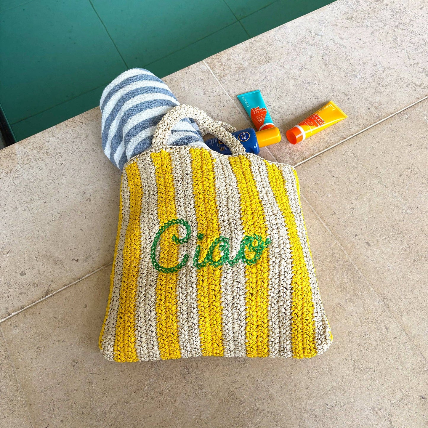 Ciao Embroidered Straw Beach Bag