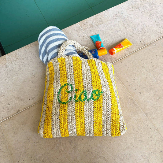 Ciao Embroidered Straw Beach Bag