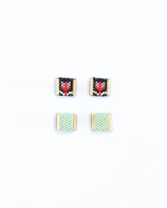Beaded Handwoven Tulip Stud Pack (Black/Mint)