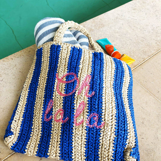 Oh la la Embroidered Straw Beach Bag