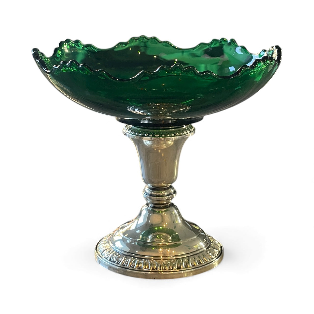 Vintage Green bowl with Silver Pedestal