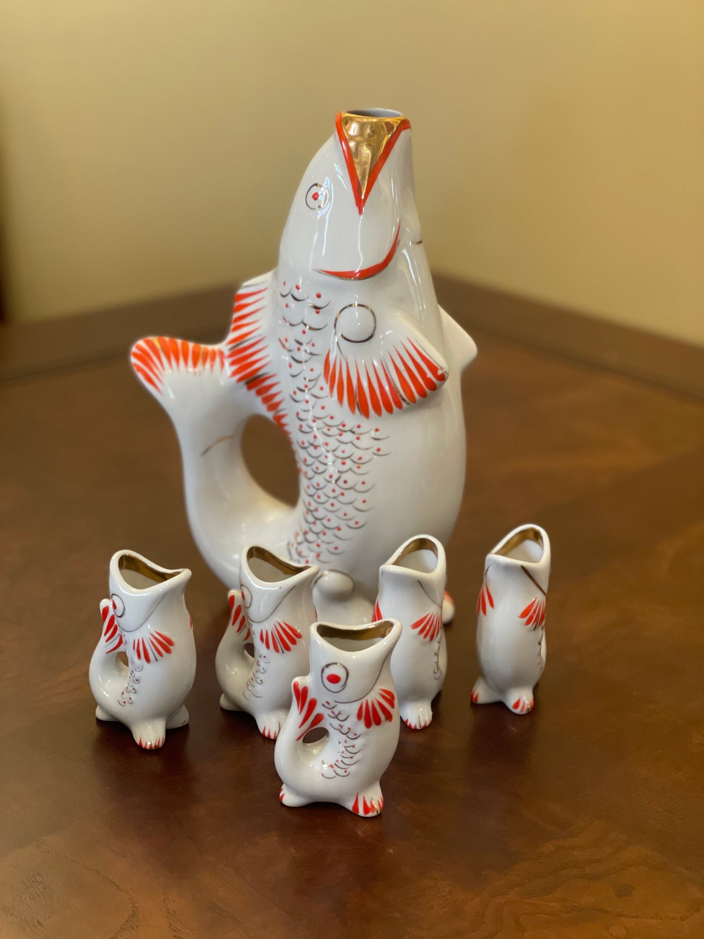 Vintage Ukranian Koi Fish Decanter and shot glasses