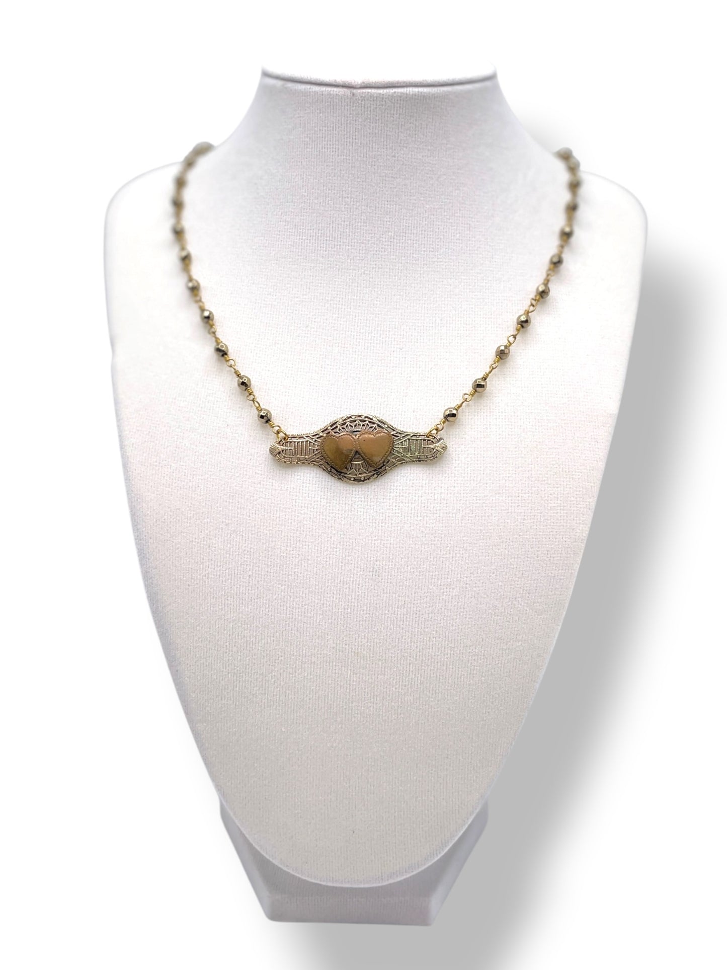 Pyrite with Vintage Dual Hearts Brooch Necklace