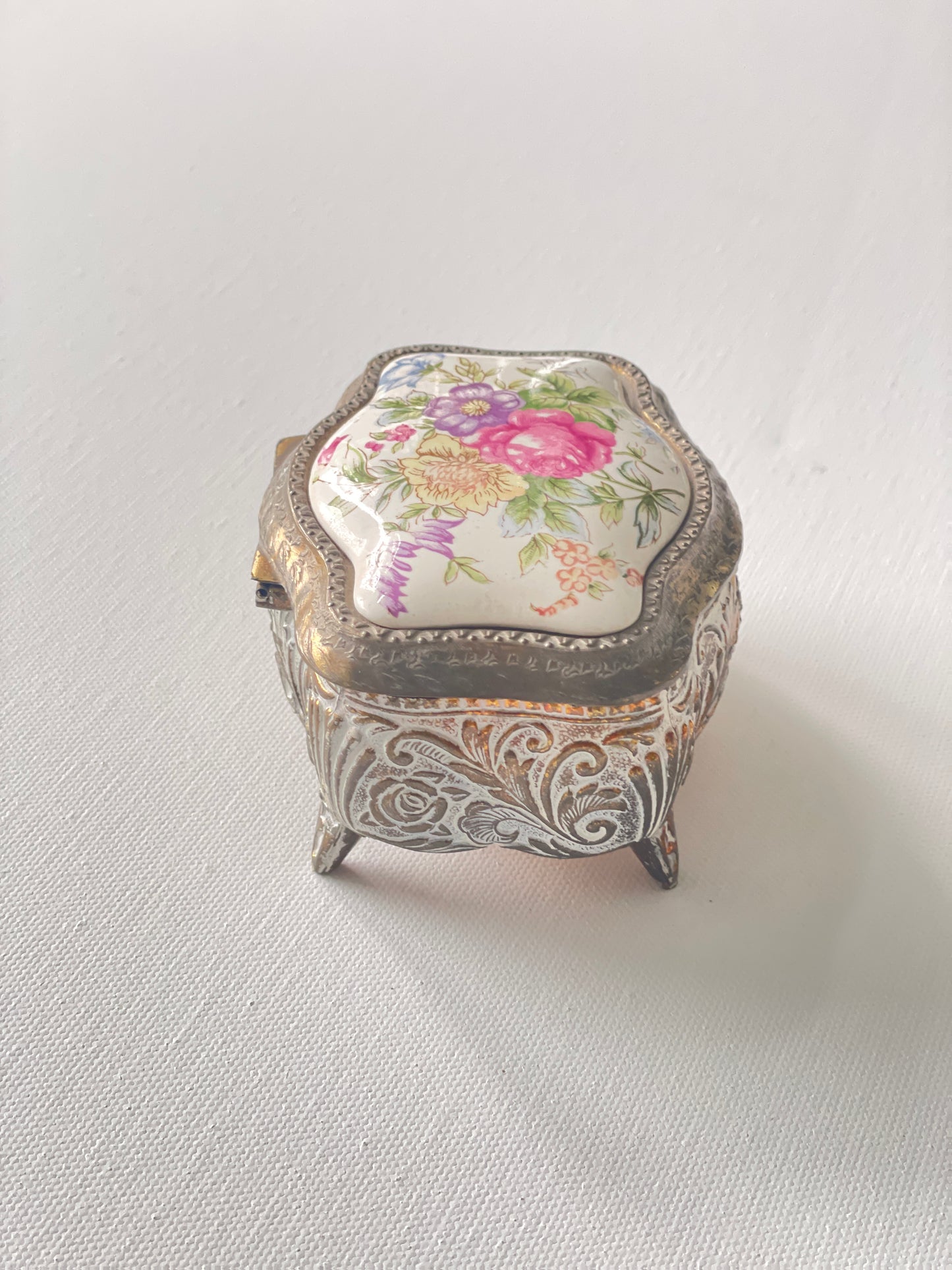 Vintage Floral Porcelain & Metal Trinket Box