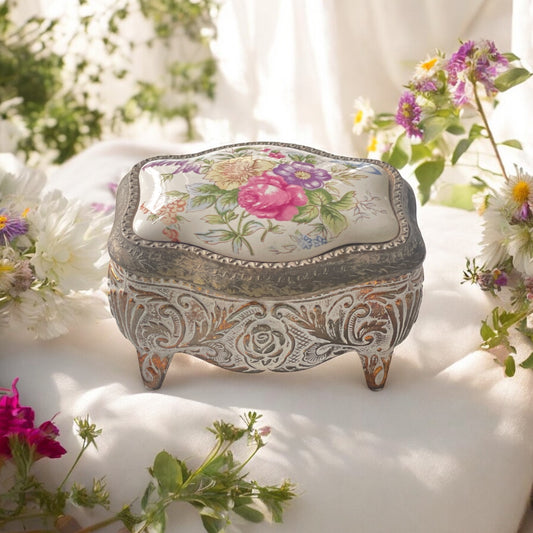 Vintage Floral Porcelain & Metal Trinket Box