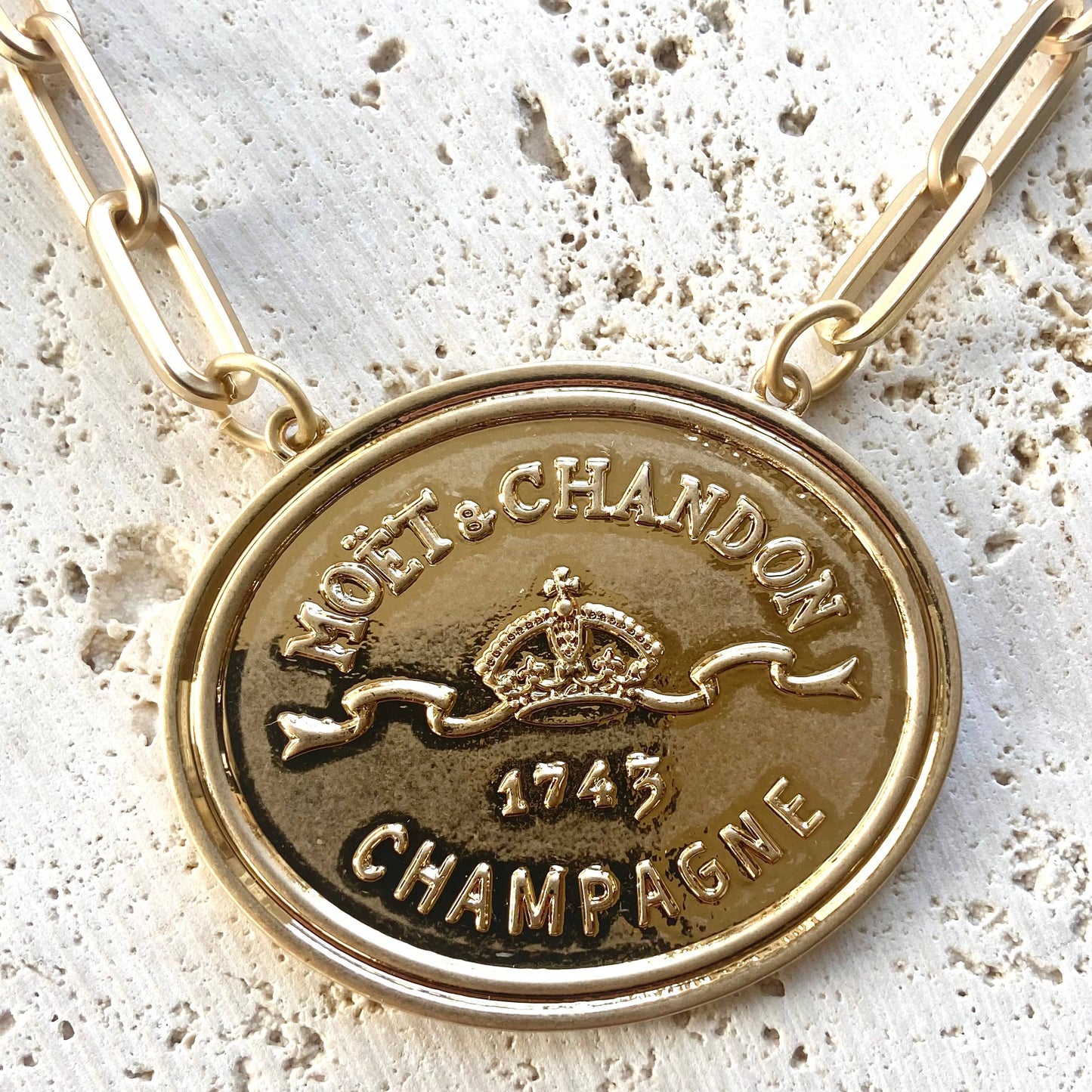 French Coin Champagne Label Necklace