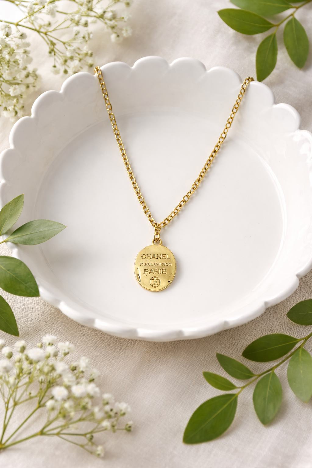 Upcycled Designer Gold Paris Oval Pendant Necklace