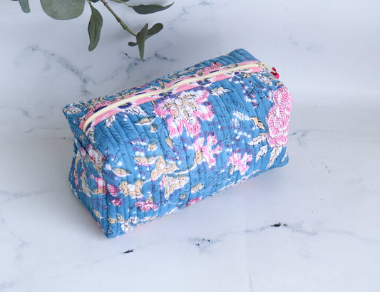 Block Printed Floral Quilted Cotton Makeup Bag - medium