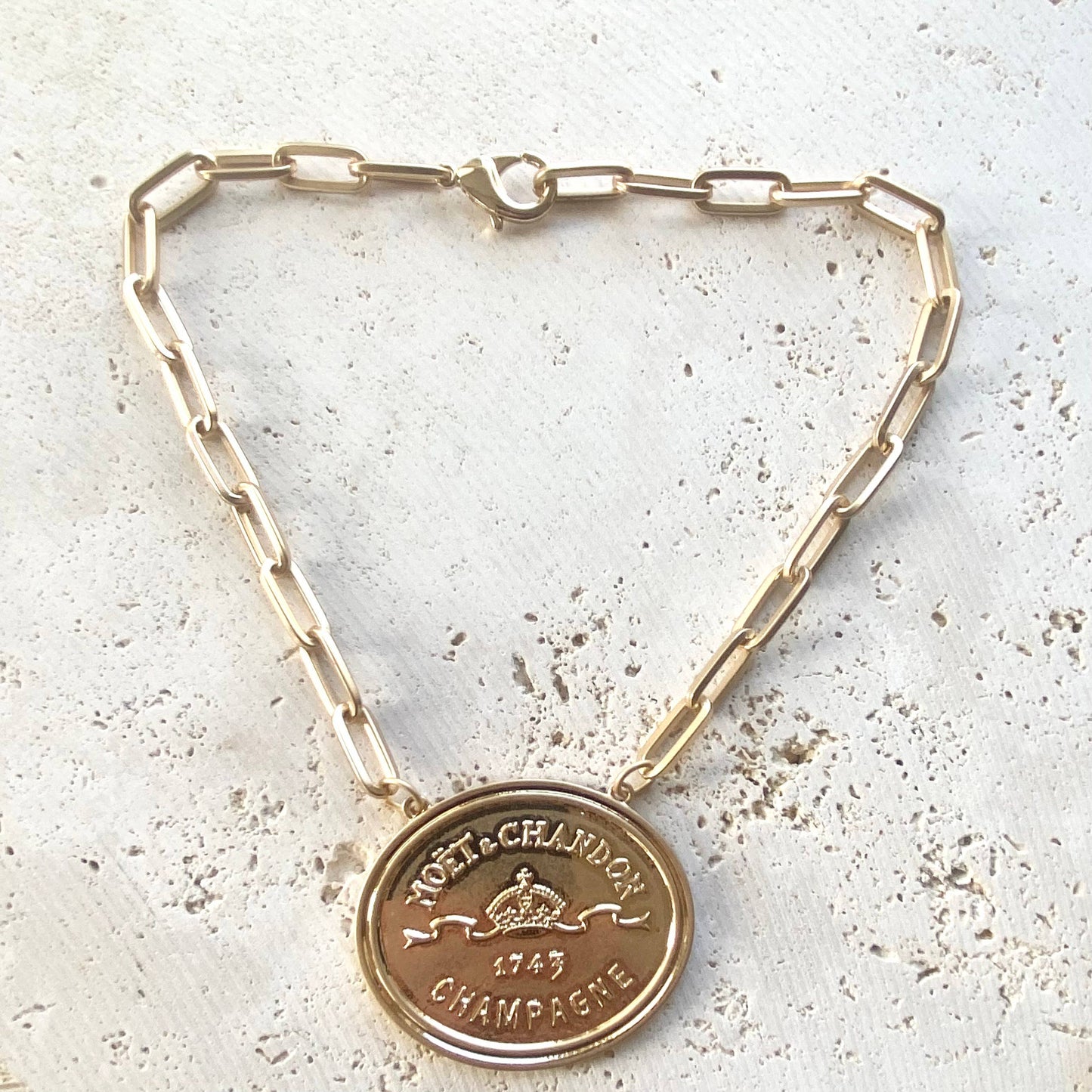 French Coin Champagne Label Necklace