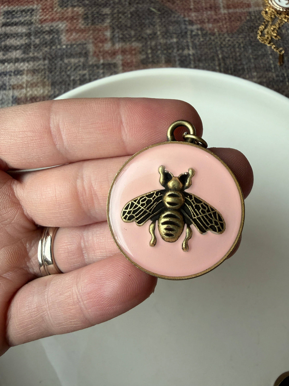 Upcycled Designer Pink Bee Pendant Necklace