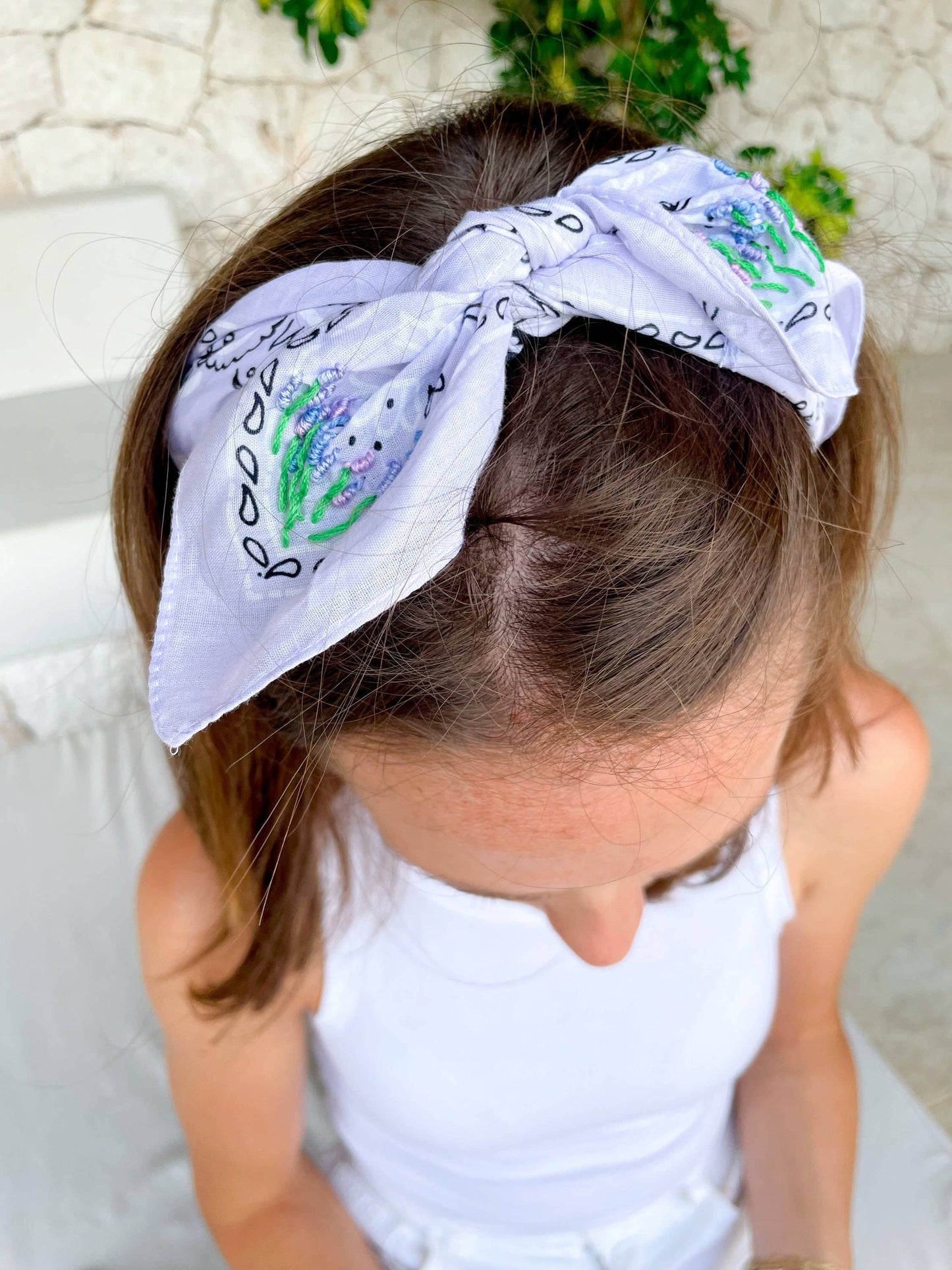 Purple Bandana With Embroidered Lavender Flowers