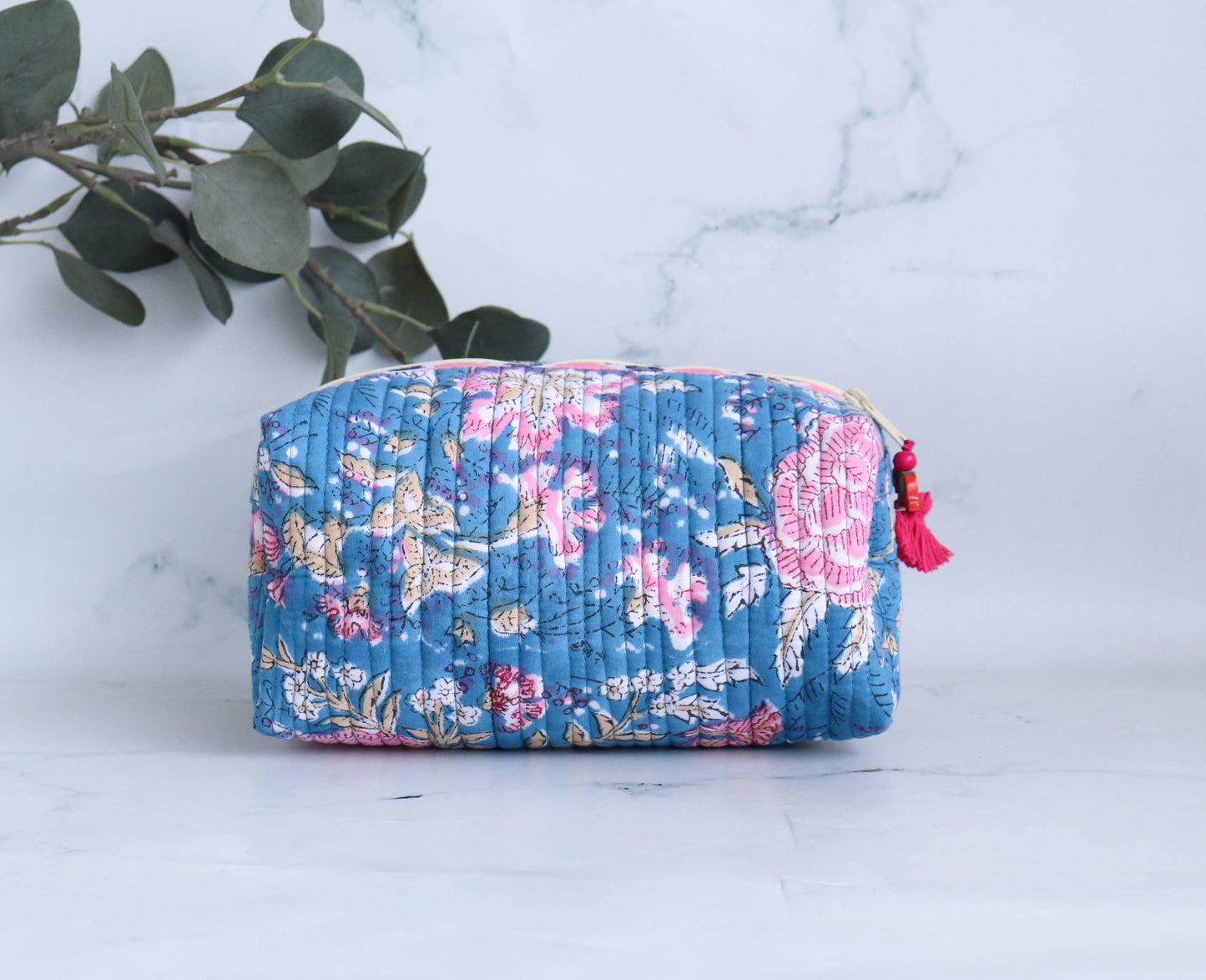 Block Printed Floral Quilted Cotton Makeup Bag - medium