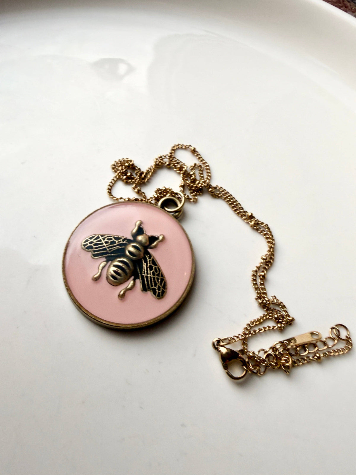 Upcycled Designer Pink Bee Pendant Necklace