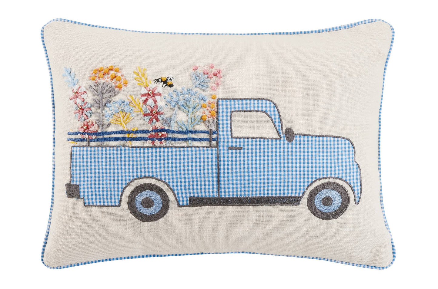 Gingham Truck Embroidered Pillow