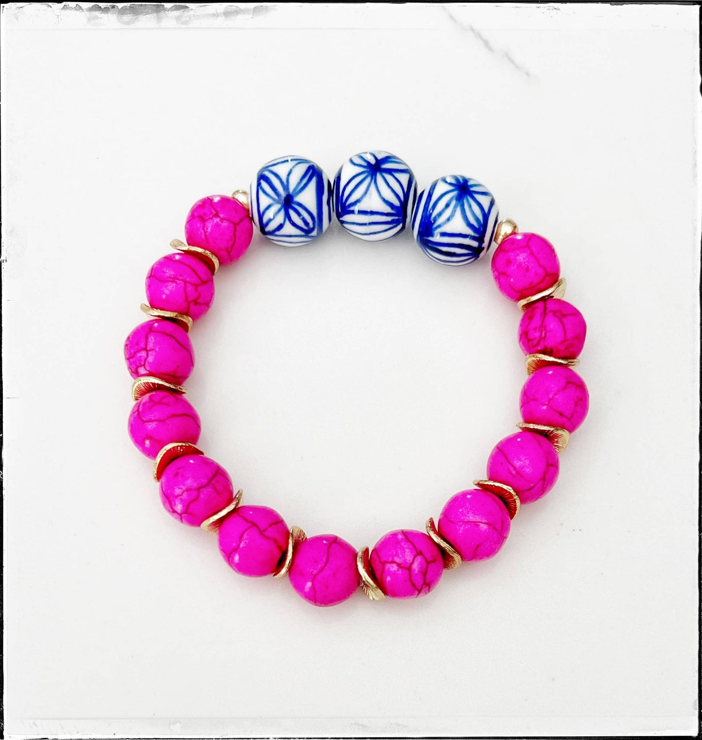 Pink Turquoise Gemstone & Chinoiserie Bead Stretch Bracelet