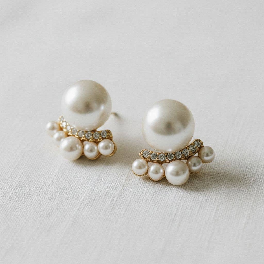 French Inspired Pearl Cubic Zirconia Stud Earrings