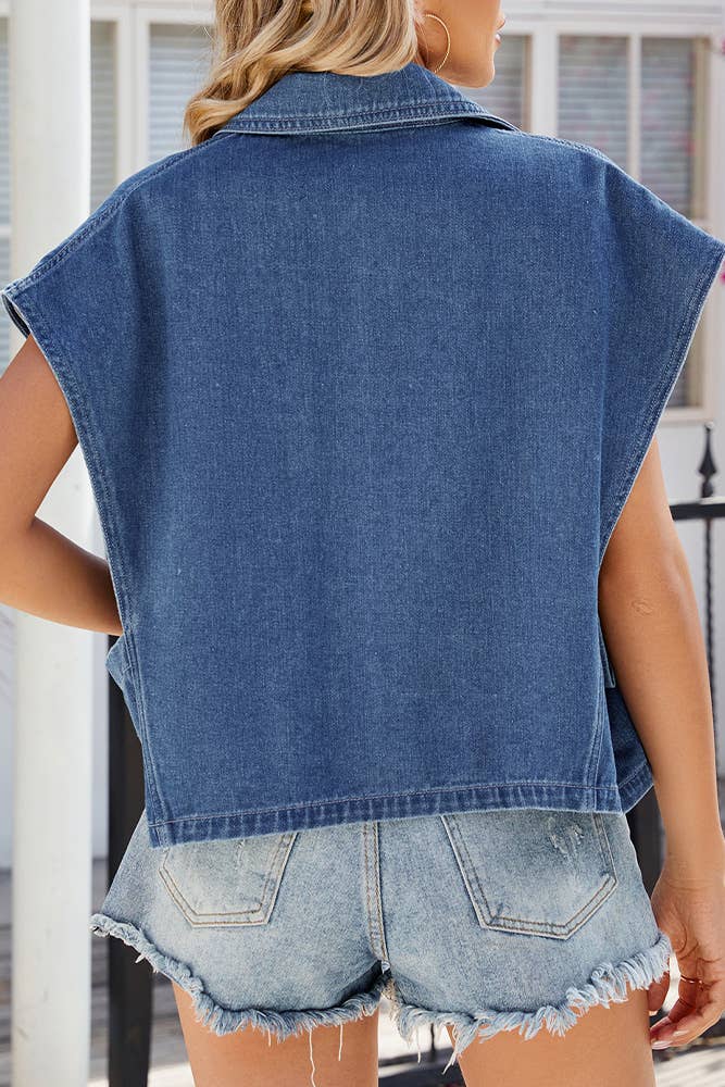 Blue Lapel Button Denim Vest