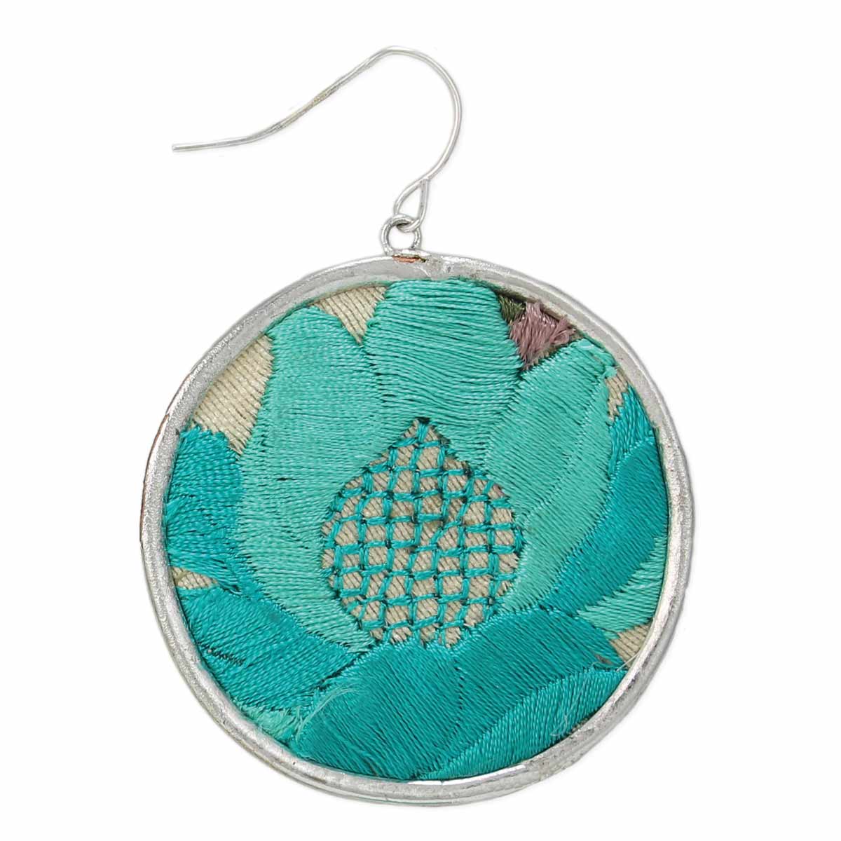 Round Embroidered Turquoise Flower Silver Earrings