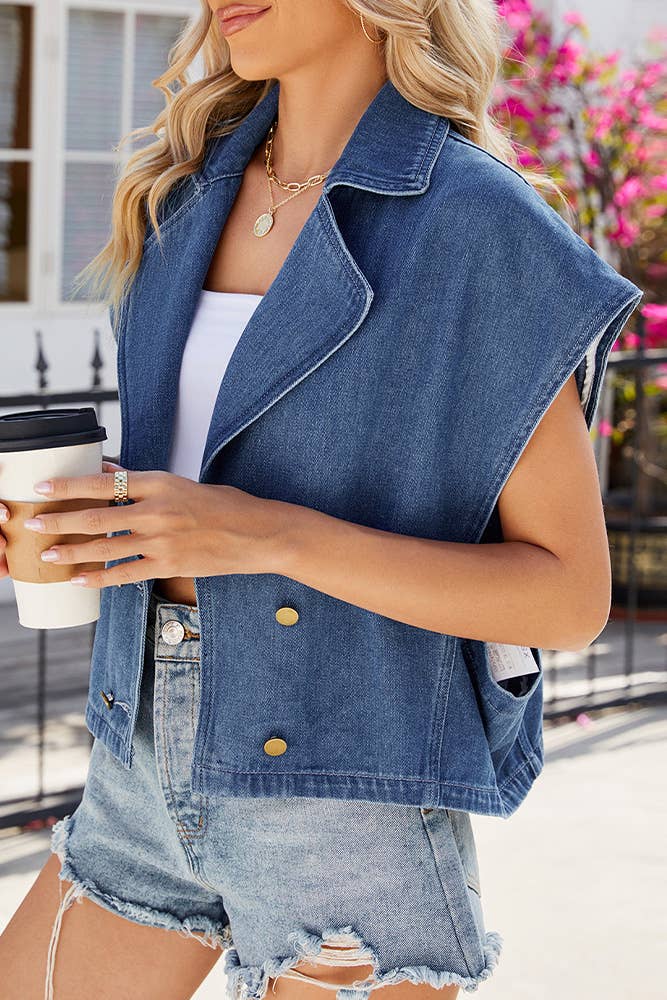 Blue Lapel Button Denim Vest