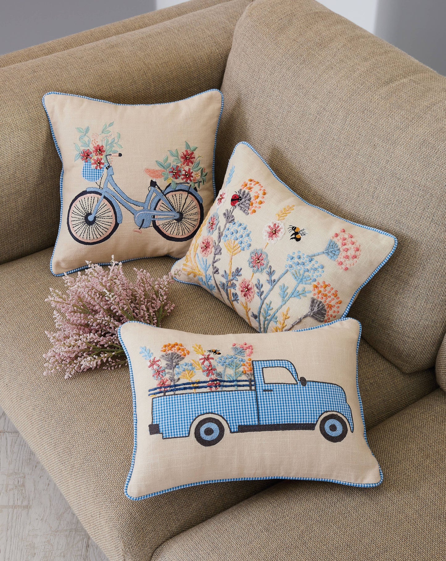 Gingham Truck Embroidered Pillow