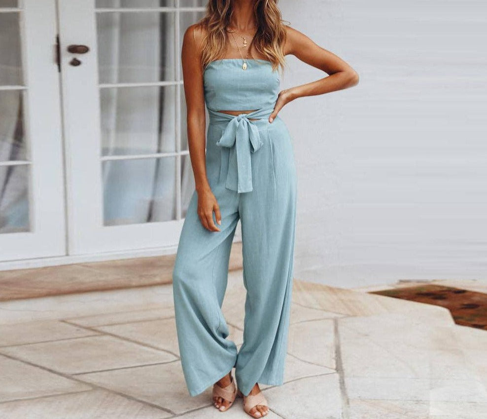 Solid Strapless Top Straight Leg Slim Jumpsuit