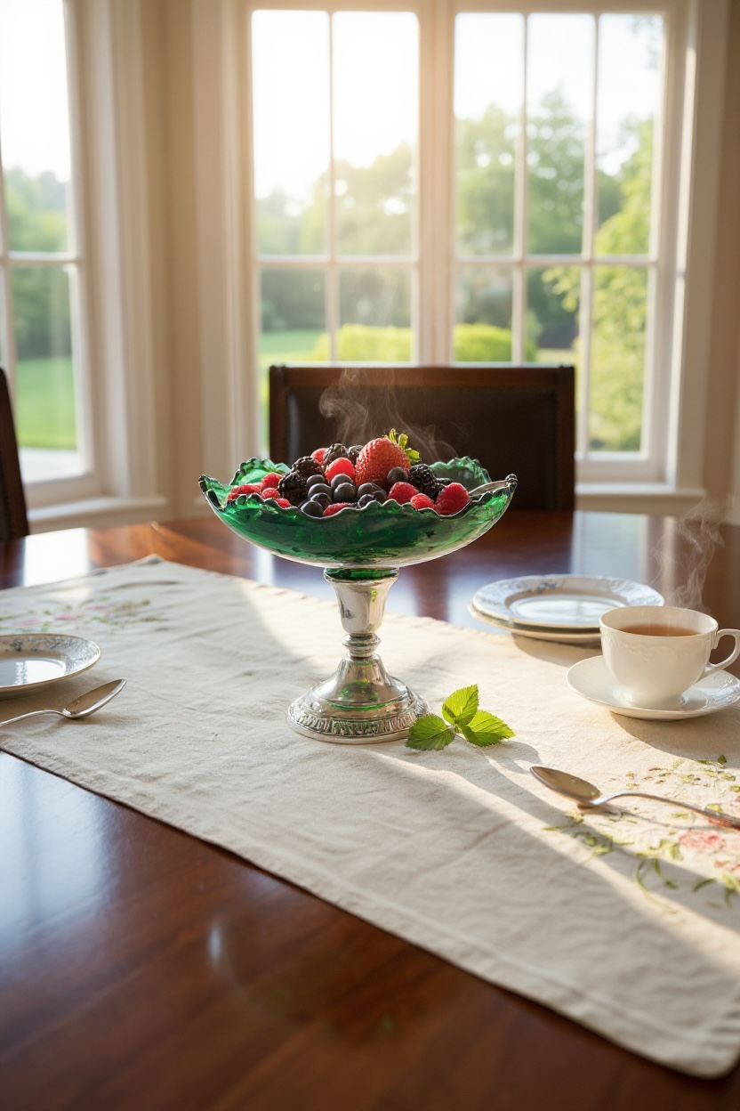 Vintage Green bowl with Silver Pedestal