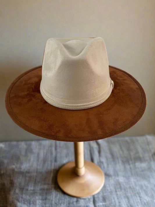 Vegan Suede Rancher Hat - Two Tone - Caramel + Ivory