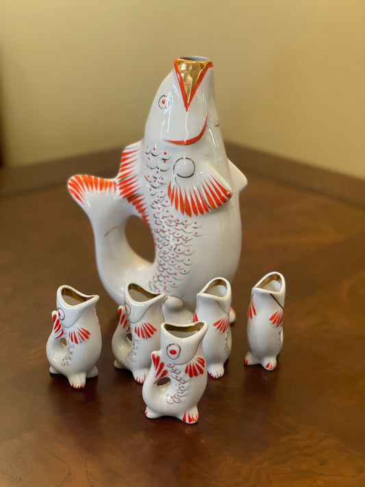 Vintage Ukranian Koi Fish Decanter and shot glasses
