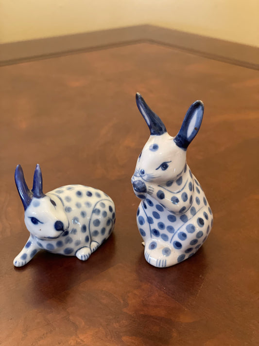 Pair of Vintage Blue and White Rabbits