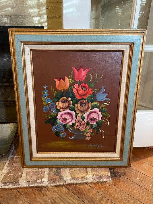 Original Artwork - Flower painting with blue wood frame