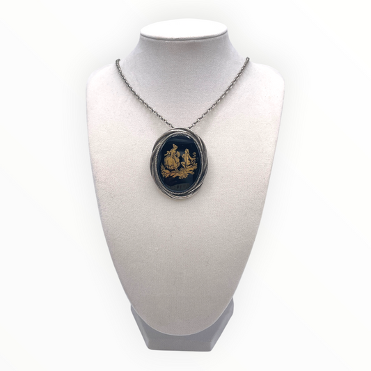 Black and Gold Limoges Brooch Necklace