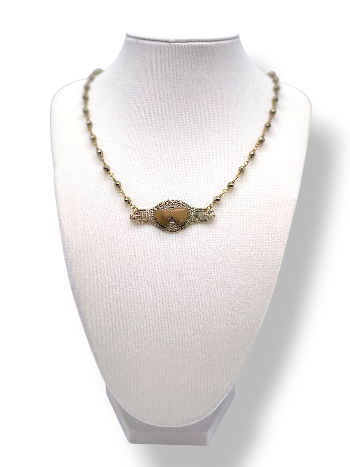 Pyrite with Vintage Dual Hearts Brooch Necklace