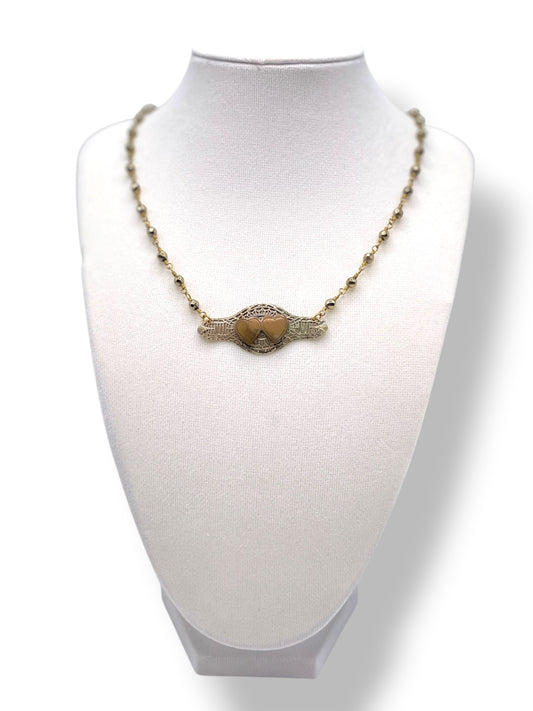 Pyrite with Vintage Dual Hearts Brooch Necklace