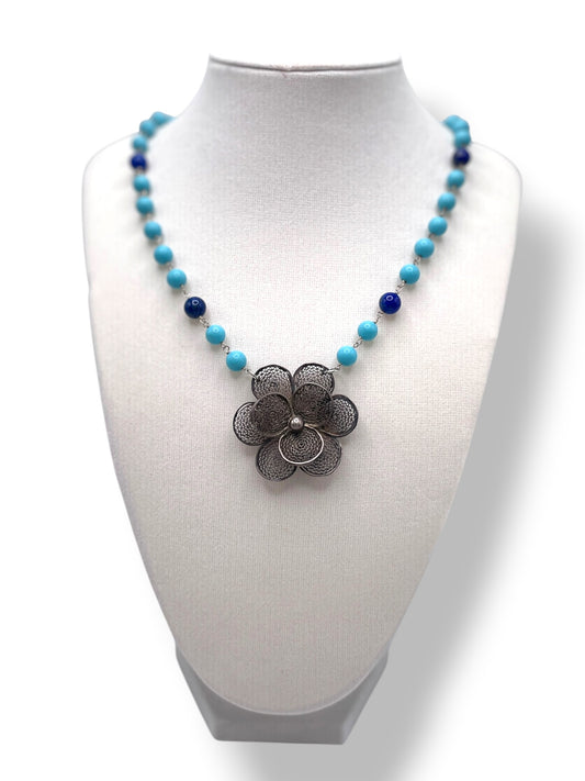 Turquoise and Lapis Cain with vintage sterling filigree brooch