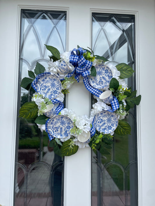 Blue and White Teacup and Saucer Wreath