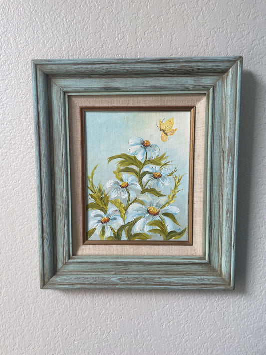 ORIGINAL ARTWORK - Painting of Flowers with rustic blue frame