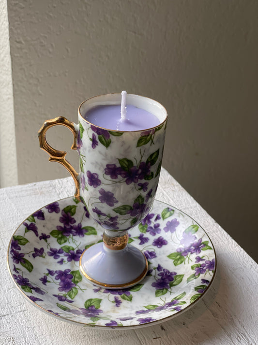 Vintage Purple Flower Teacup and Saucer Candle