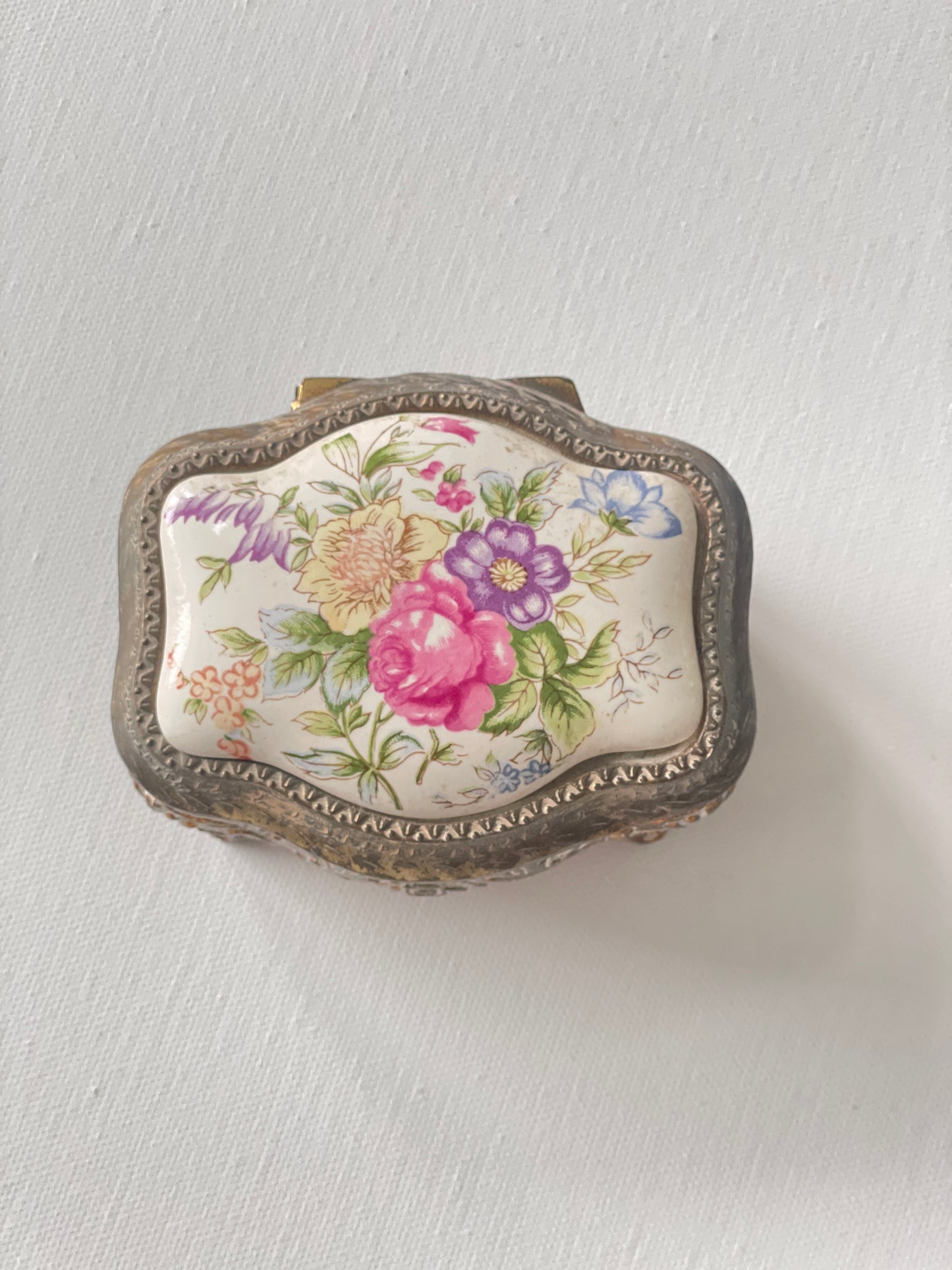 Vintage Floral Porcelain & Metal Trinket Box