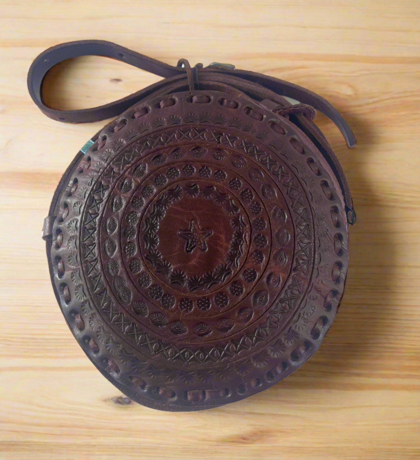 Genuine Leather Mexican Hand Tooled Purse - Round shape