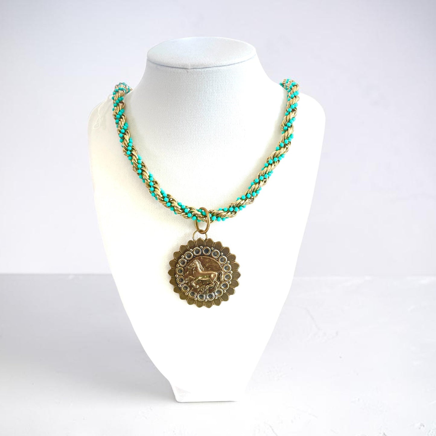 Vintage Horse Medallion and Teal Rope Chain Necklace