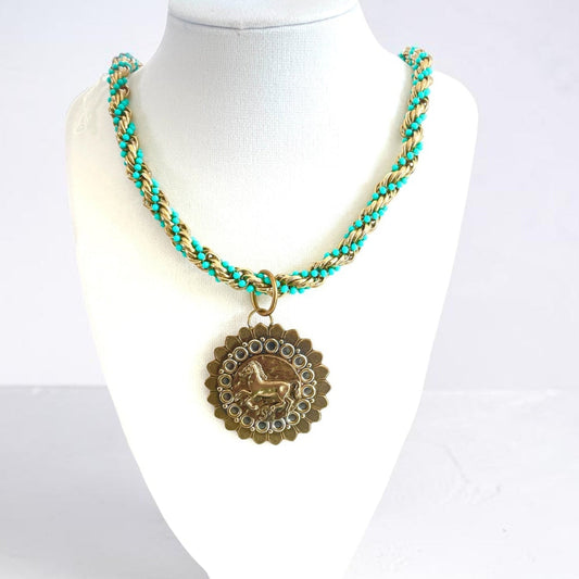 Vintage Horse Medallion and Teal Rope Chain Necklace