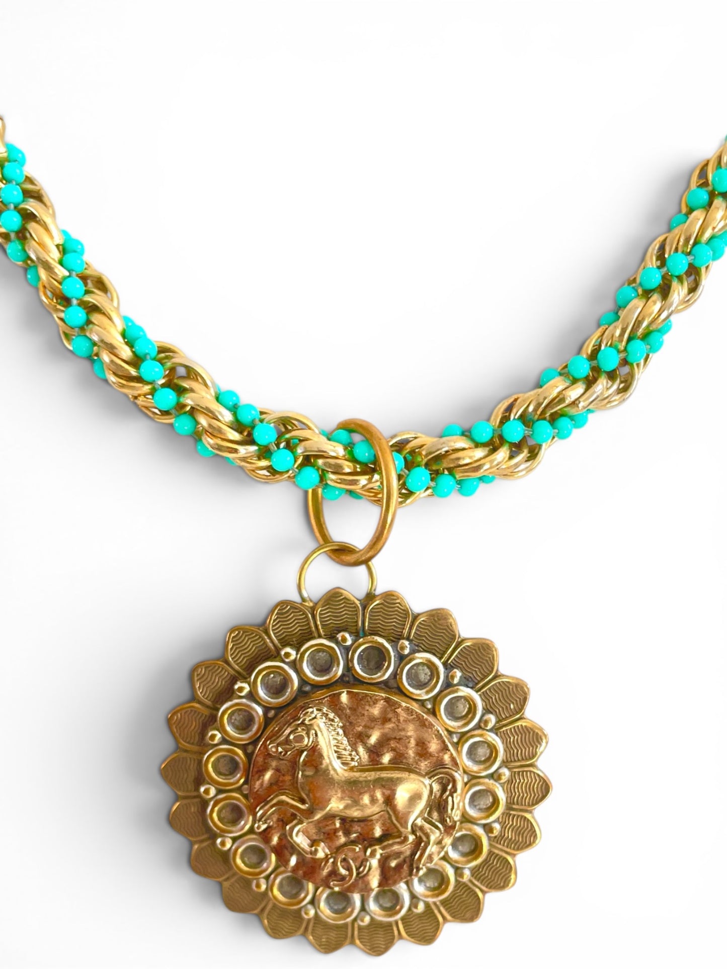 Vintage Horse Medallion and Teal Rope Chain Necklace