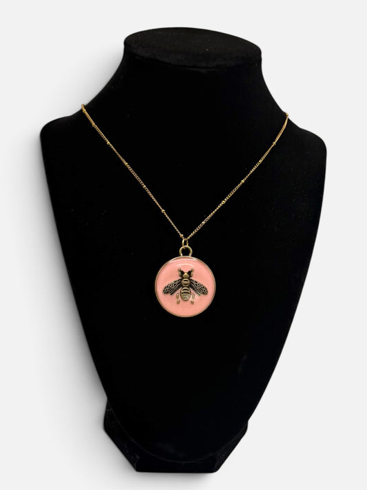 Upcycled Designer Pink Bee Pendant Necklace