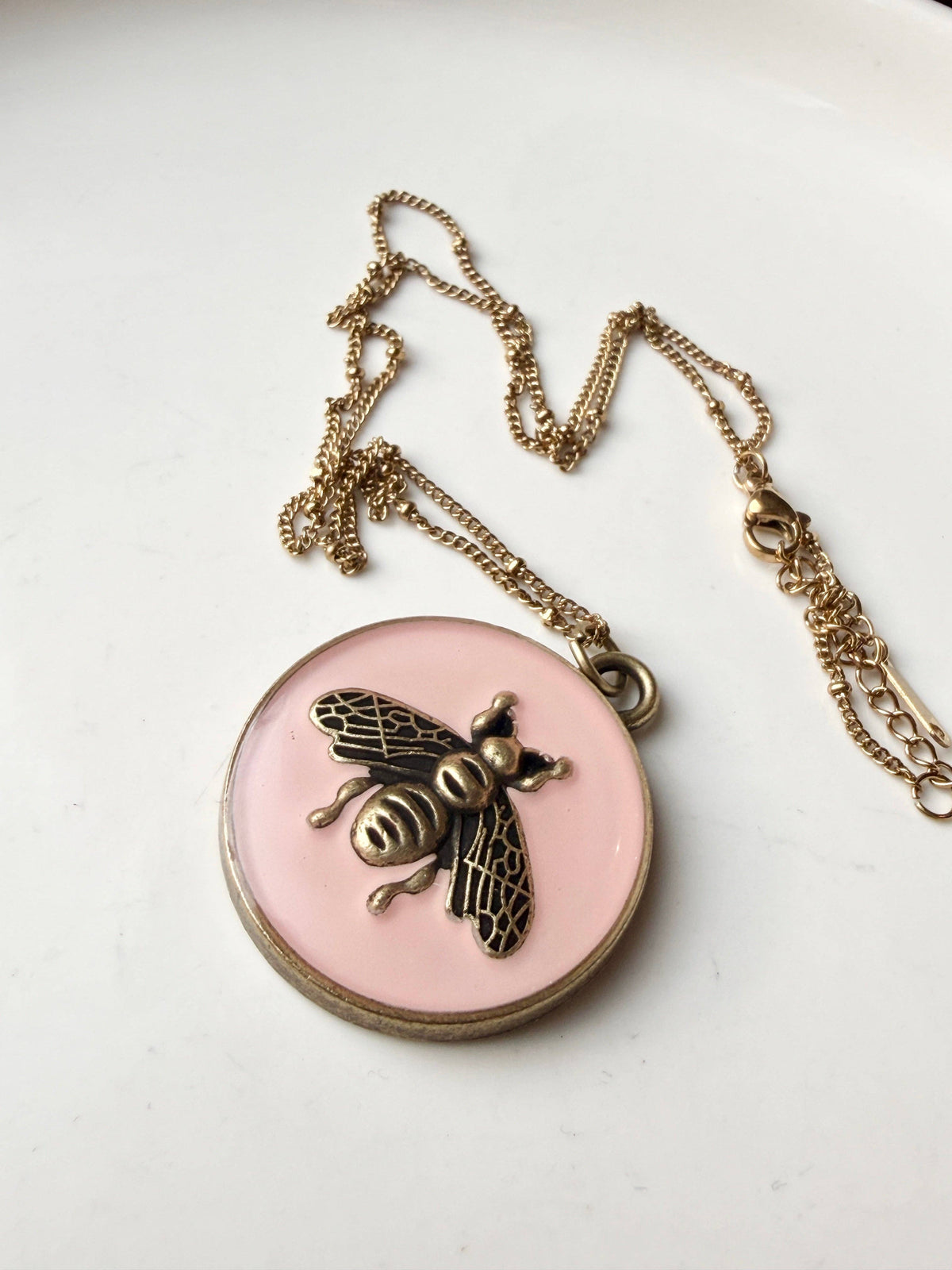 Upcycled Designer Pink Bee Pendant Necklace