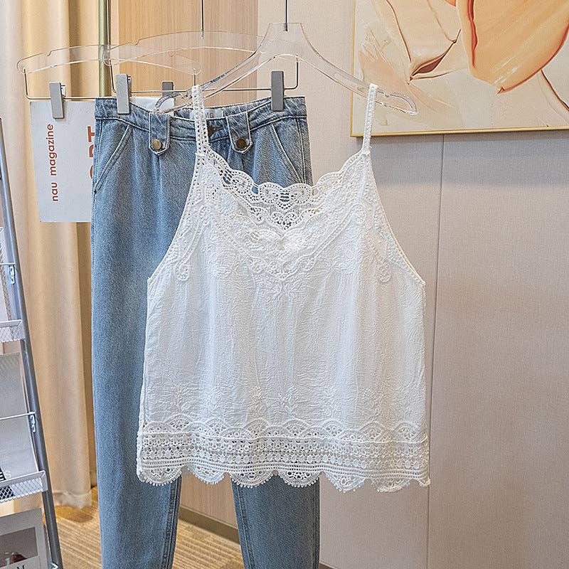 White Vintage Style Embroidered Lace Camisole