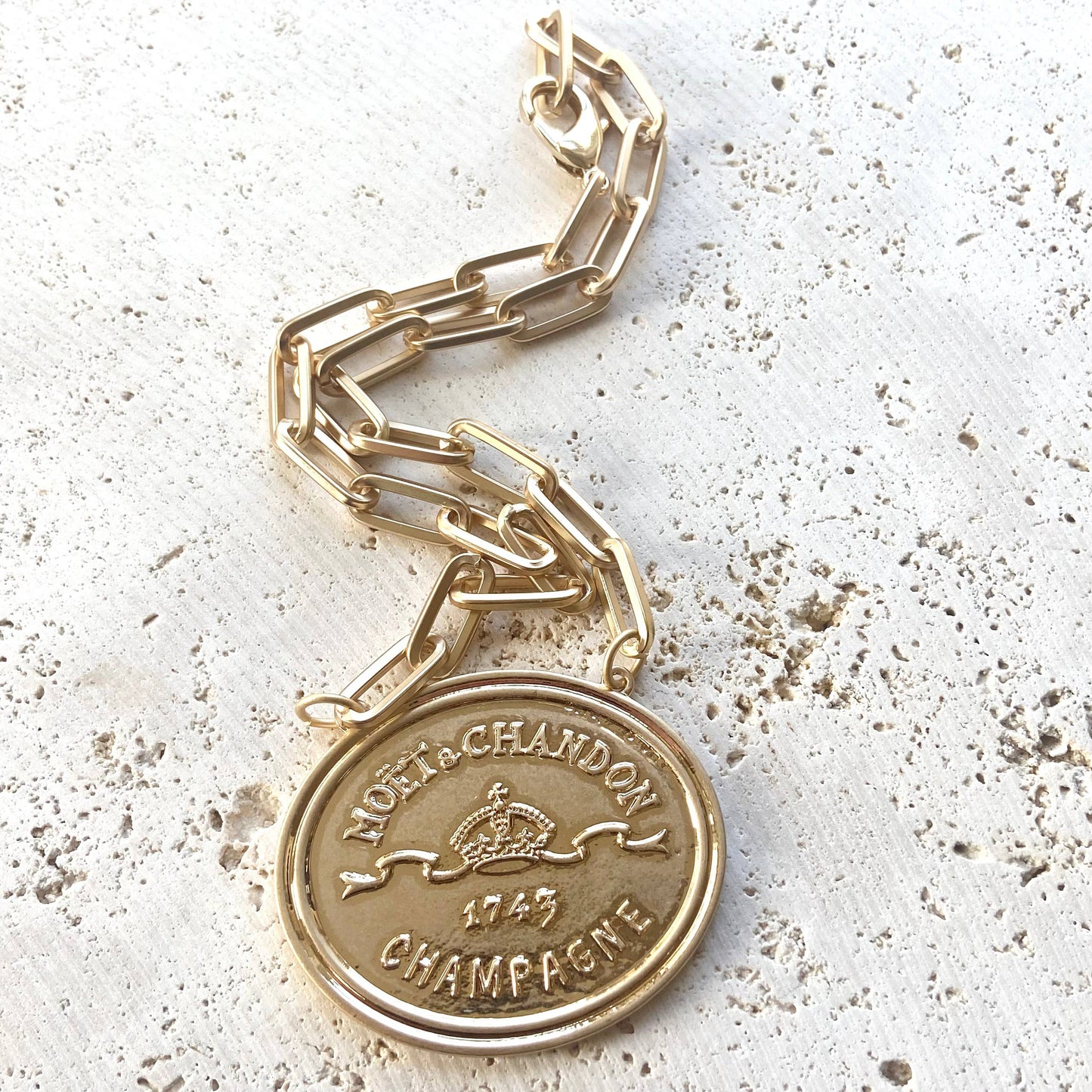 French Coin Champagne Label Necklace