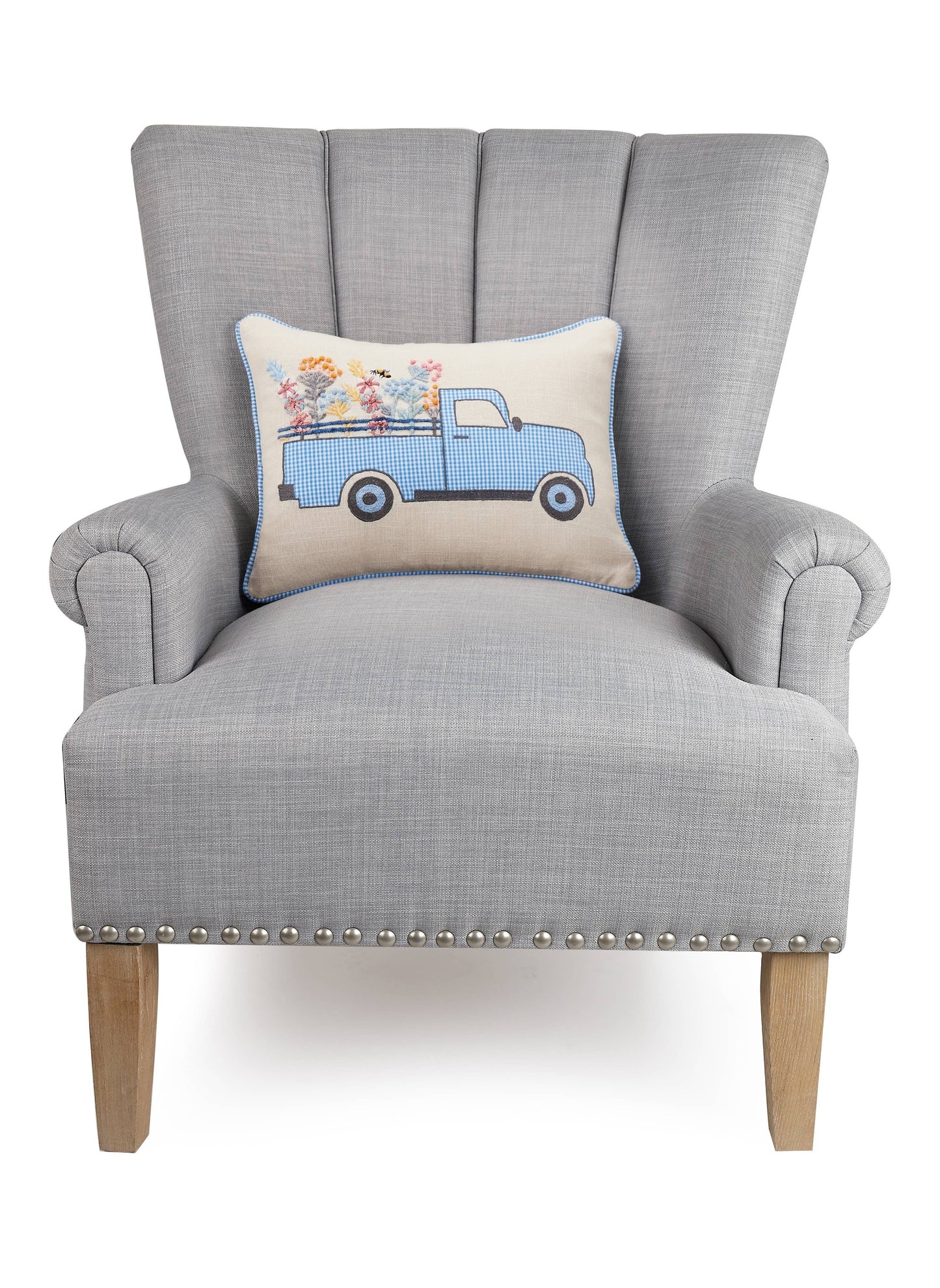 Gingham Truck Embroidered Pillow