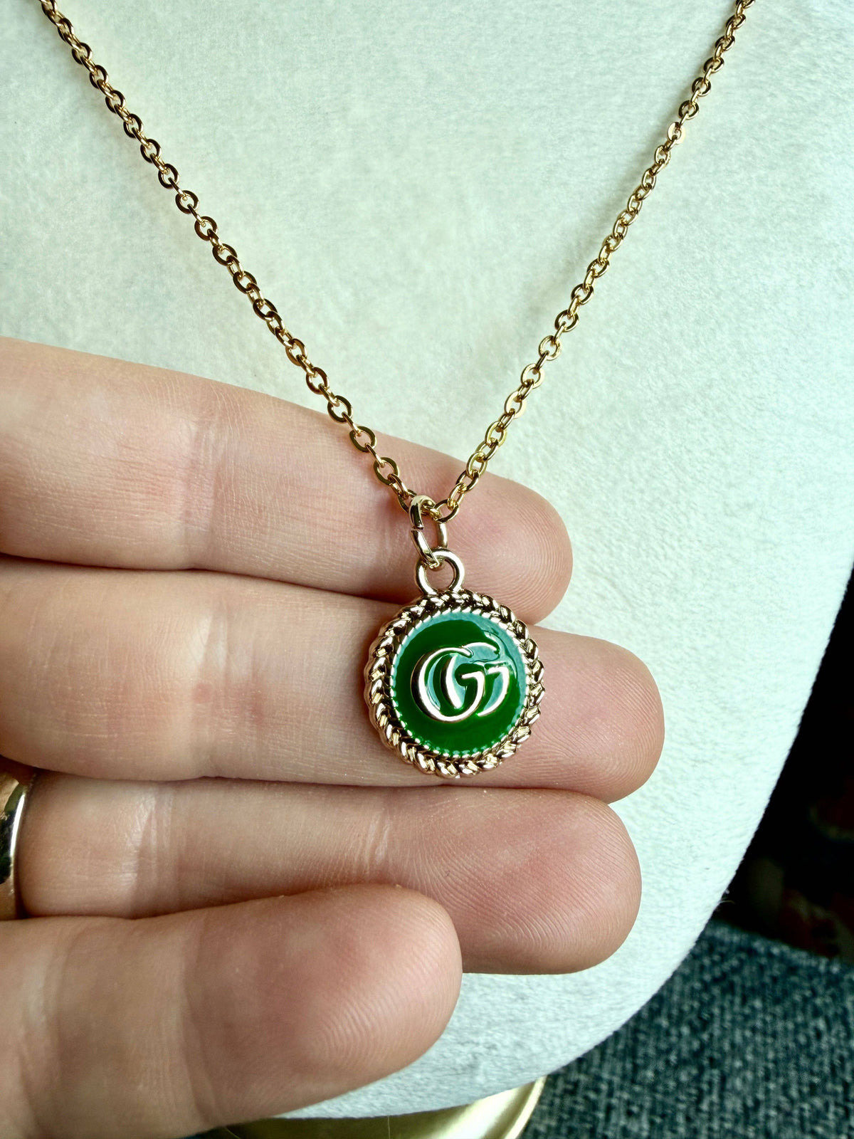 Kelly Green and Gold Upcycled Designer Pendant Necklace